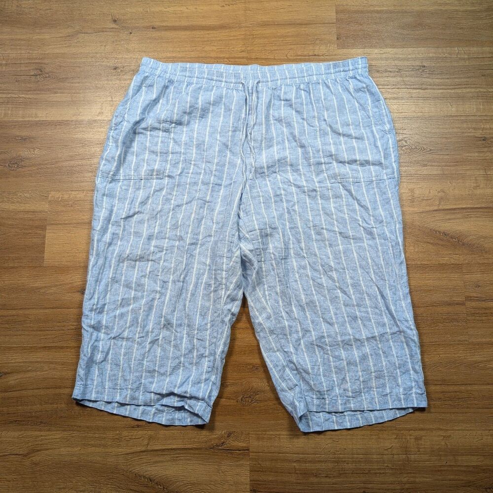 Lands End 100% Linen Cropped Pants Women Plus Sz 3X Blue Striped Summer Boho